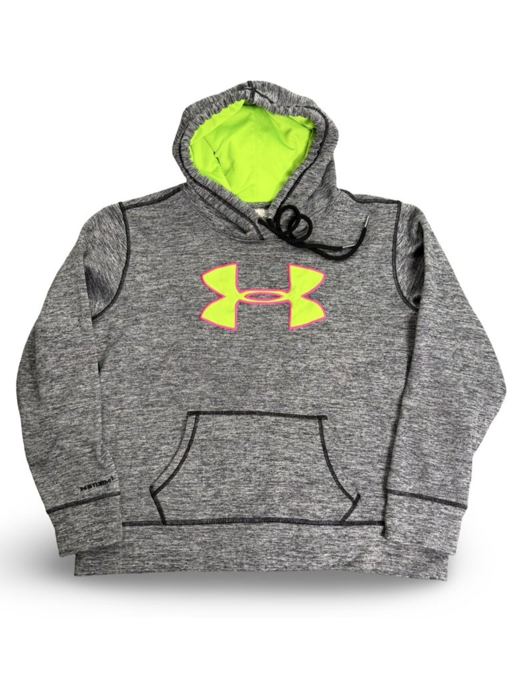 Under Armour Storm1 Pullover Hoodie Womens L Gray Neon Green Kangaroo Pocket